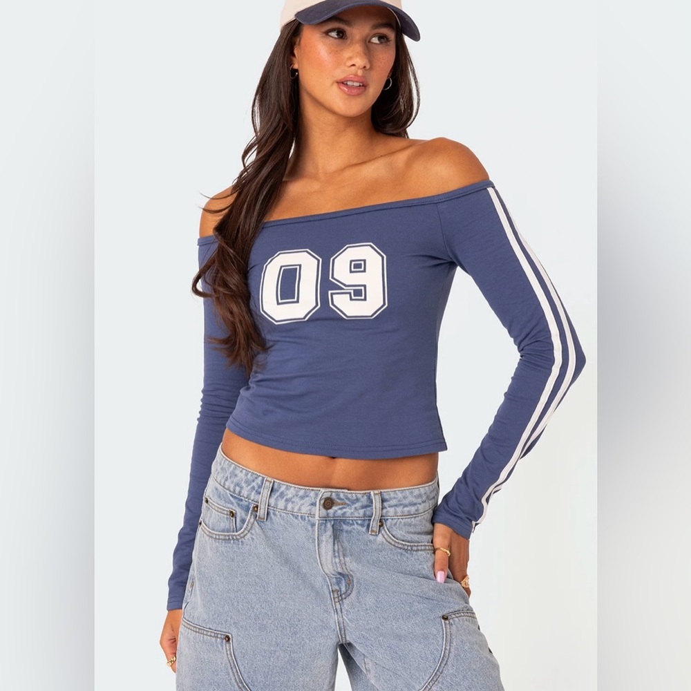 Edikted Blue Off-Shoulder Long Sleeve Tee with White Stripe & Number 09